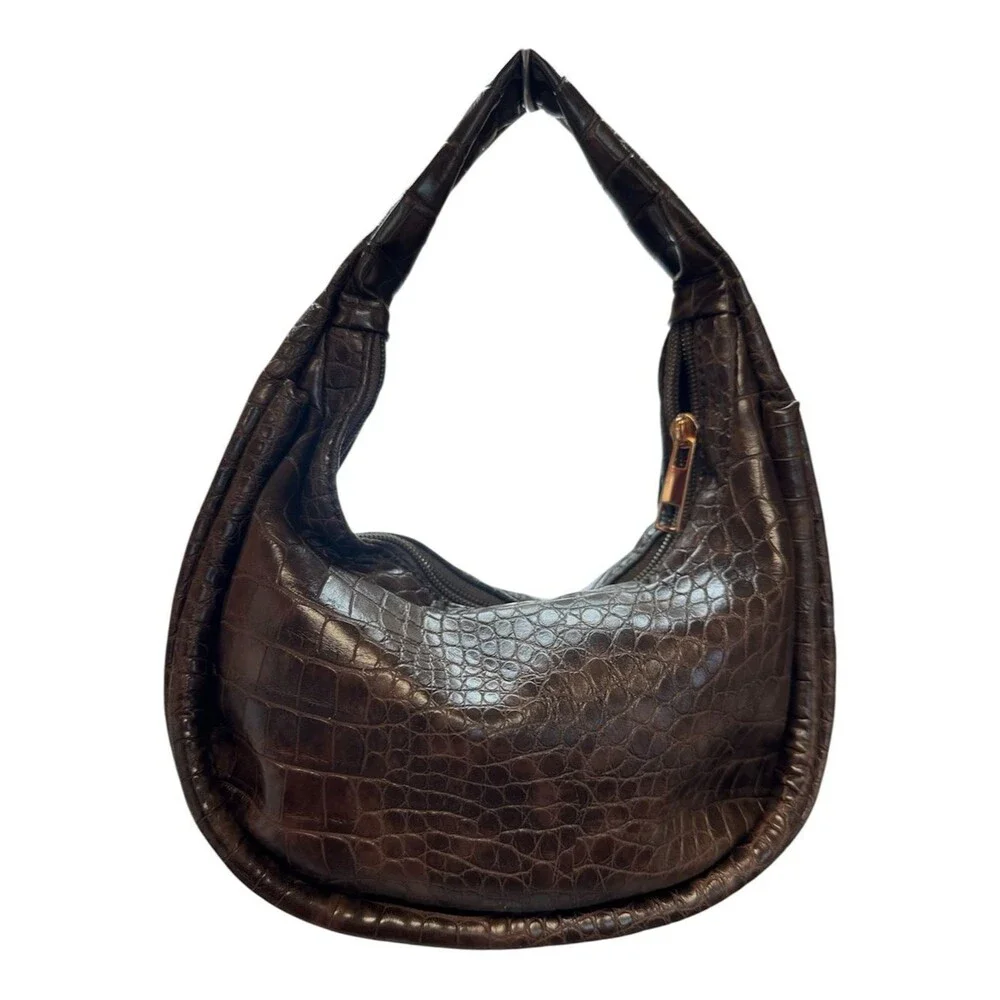 PrettyLittleThing Brown Faux Croc Embossed Hobo Shoulder Bag Y2K Slouchy Purse